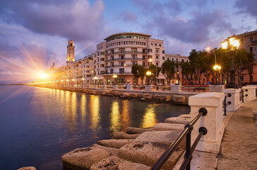 Panoramic view of Bari, Southern Italy, the region of Puglia seafront at dusk.