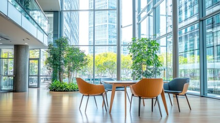 Fototapeta premium Modern Office Lobby with Natural Light and Greenery