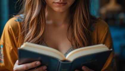 Lost in the Pages: A woman engrossed in a captivating novel, her fingers tracing the worn pages as she delves into a world of imagination.  The soft glow of the book illuminates her face.