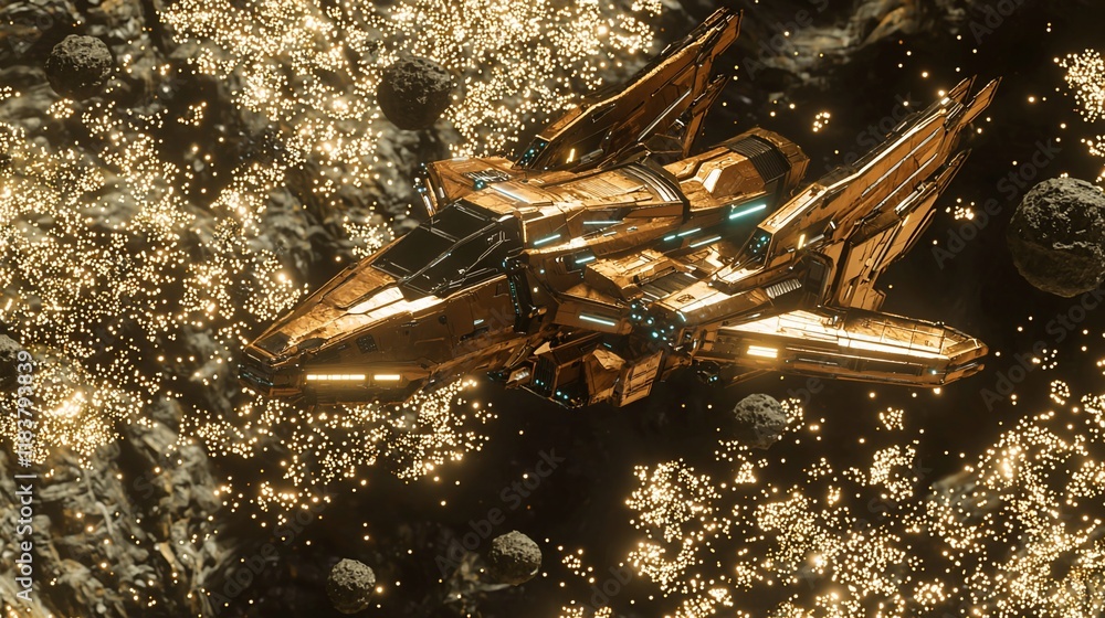 Poster futuristic spaceship navigating asteroid field.