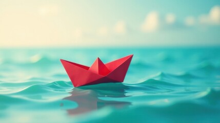 Obraz premium A scarlet paper boat floats serenely on gentle turquoise waves under a bright summer sky