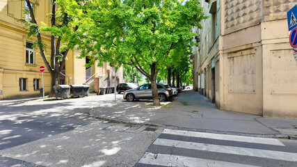 Sunny urban street corner with parked cars and green trees, illustrating city life and parking challenges in summer