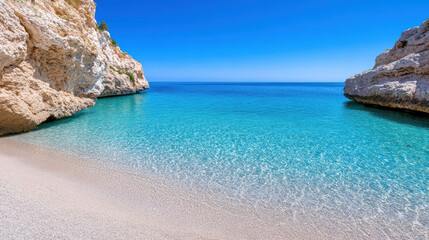 Fototapeta premium serene beach with crystal clear water and rocky cliffs under blue sky