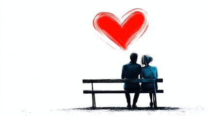 a couple sitting on a heartshaped bench with a glowing pulse light around them, whimsical romantic concept, handdrawn style, pastel tones, isolated on white background