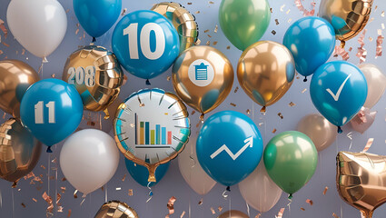 Festive background with balloons, where each balloon represents a different metric or goal achieved in the past year