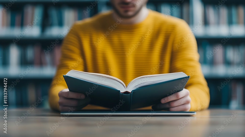 Poster a person in a yellow sweater reading a book in a library, surrounded by shelves filled with books, c