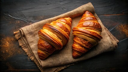Golden croissants gleam, aerial view. Two pastries rest on a dark napkin, a delectable drone shot.