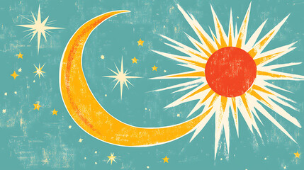 Celestial Crescent Moon and Radiant Sun Design