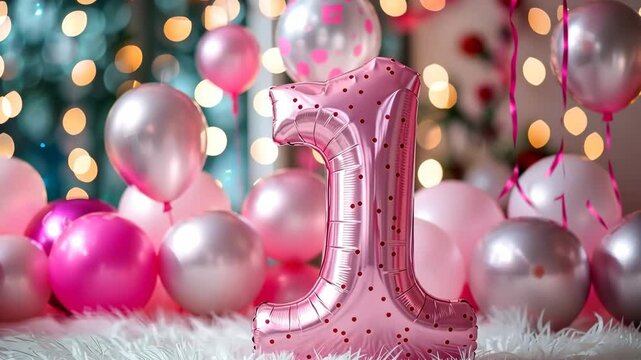 Pink, girlish number one with balloons. Playful symbol 1. Invitation for first birthday celebration. Children, kids party. Animation design for baby girl. Women business one year.