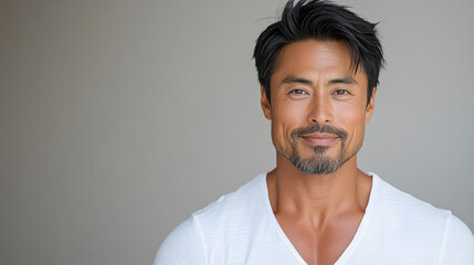 Obraz premium Confident Asian man smiling in casual white shirt against neutral background