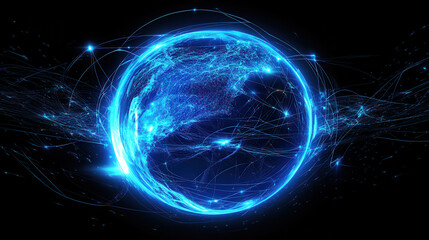 Digital blue Earth with glowing lines and a global network connection on a black background