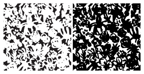 Abstract Black, White Floral Pattern with Ink Hand Drawn Flowers. Monochrome Freehand Ditsy Chamomile, Peony, Rose, Bloom Wallpaper. Pretty Brush Stroke Flower Seamless Pattern. Tropical Foliage Print