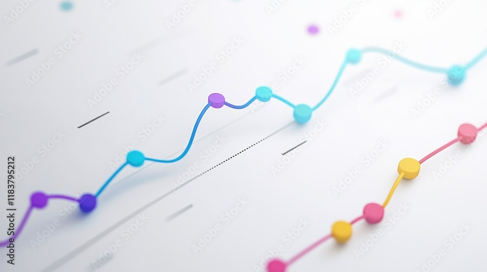 Poster a minimalist line chart with smooth curves and highlighted data points, on a light background with s