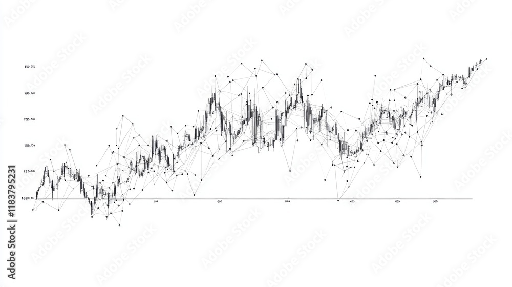 Poster a minimalist line graph representing daily stock prices, with clear axes and marked increments, high