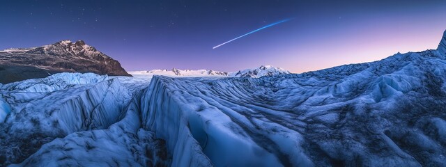 A mesmerizing shot of a high-altitude glacier field with rare, geometric ice patterns and a deep blue comet streaking across the twilight sky, Glacier field scene