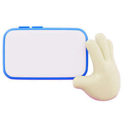 Hand holding modern smartphone device with blank screen icon illustration. Concept of modern technology mobile phone touchscreen for business. User interacting with smartphone device 3d render