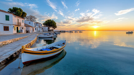 Naklejka premium Picturesque view of traditional fishing harbor at sunset, with boats