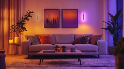 A modern living room with a cozy grey sofa, a stylish coffee table, and warm ambient lighting, decorated with indoor plants and minimalist artwork on the walls.