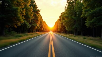 Asphalt Road Leading Towards a Vibrant Sunset Through a Lush Green Forest
