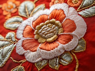 Intricate floral embroidery on rich red fabric