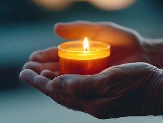 Closeup of hands holding a small glowing red candle, compassion, symbol of hope