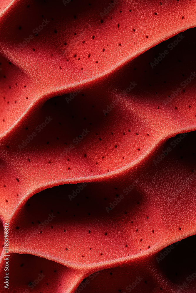 Poster close-up of vibrant red texture with wave patterns and black dots