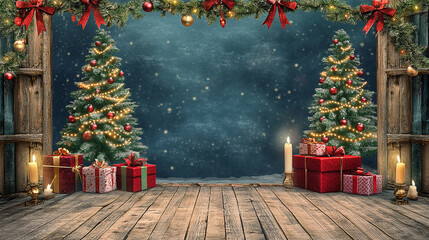 Christmas Festive Backdrop: A charming Christmas scene with two decorated trees, presents, candles, and a garland creating a festive backdrop. Perfect for holiday photoshoots and greeting cards.