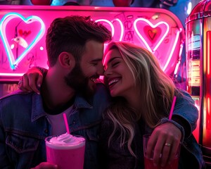 Retro diner scene with a couple embracing joyfully under pink neon Valentine lights, milkshakes and jukebox completing the nostalgic vibe