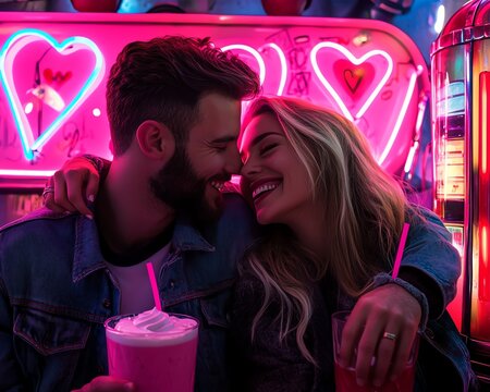 Retro diner scene with a couple embracing joyfully under pink neon Valentine lights, milkshakes and jukebox completing the nostalgic vibe