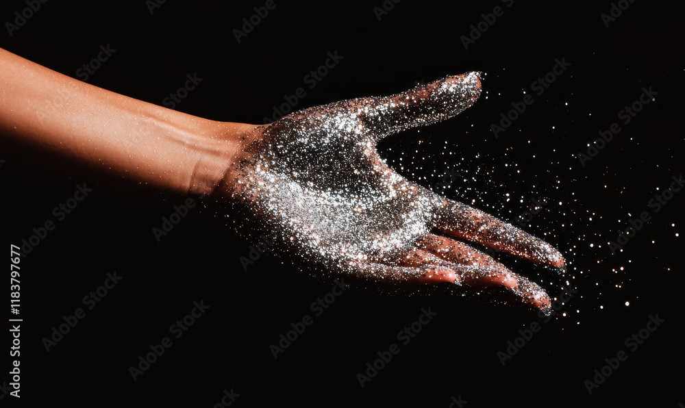 Poster hand with glitter against black background creating sparkling effect