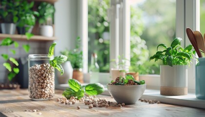 A bowl of chickpeas sits on a kitchen counter with a jar of chickpeas in the background and fresh herbs growing in pots by the window.