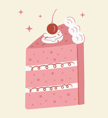 Set of birthday abstract cake slice with cream and cherry in flat vintage style. Layered pink dessert on isolated background