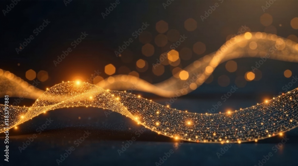 Poster Abstract Golden Wave with Sparkling Lights and Bokeh Effects