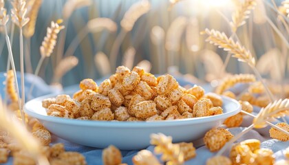 A white bowl filled with crispy puffed wheat cereal sits on a beige tablecloth surrounded by wheat stalks with a blurred background of a field of wheat stalks under a bright, sunny sky.