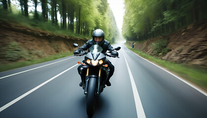 person riding a bike A man on a motorcycle is riding down a forest with cars behind him. The scene is fast-paced and action-packed, with the motorcycle rider