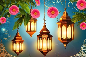 Obraz premium Ornate hanging lanterns with glowing warm light, vibrant pink gerbera daisies, lush green leaves, swirling floral pattern for ramadan background