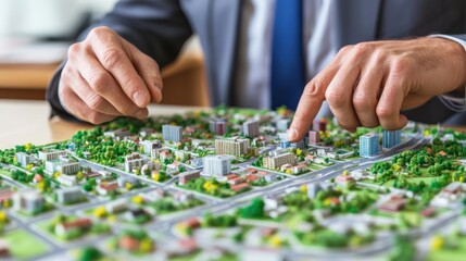 Fototapeta premium Architect Examining City Model: Urban Planning and Development