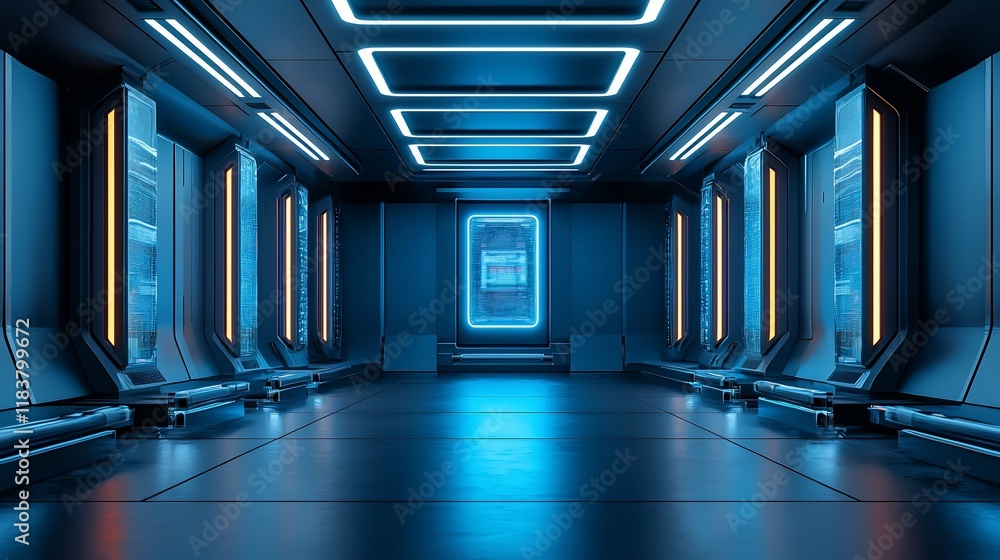 Poster futuristic spaceship corridor with neon lights and glowing panels.