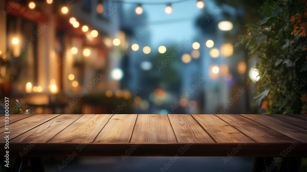 Aufkleber empty wooden table top with lights bokeh on blur restaurant background