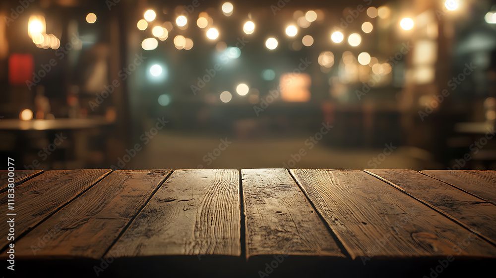 Aufkleber empty wooden table top with lights bokeh on blur restaurant background