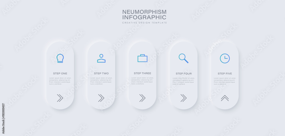 Poster neumorphic rounded elements placed in horizontal row. infographic design template with 5 options, st