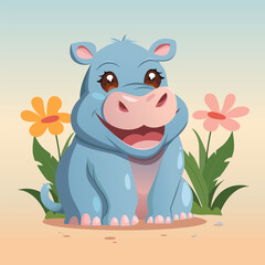 Exotic African Animal. Cute Baby Hippopotamus with Flowers. Hand Drawn Vector Illustration.