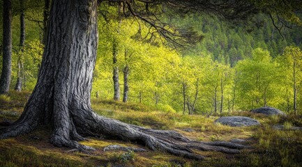 Fototapeta premium Ancient Forest Majesty: A Verdant Springtime Scene