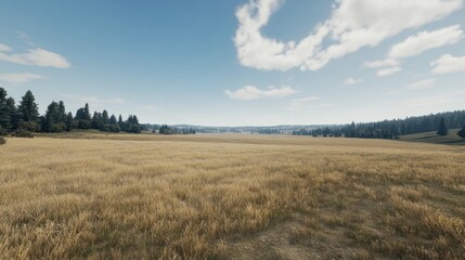 Serene Golden Field Landscape under a Blue Sky