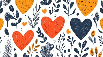 A colorful pattern featuring hearts and botanical elements, ideal for romantic themes.