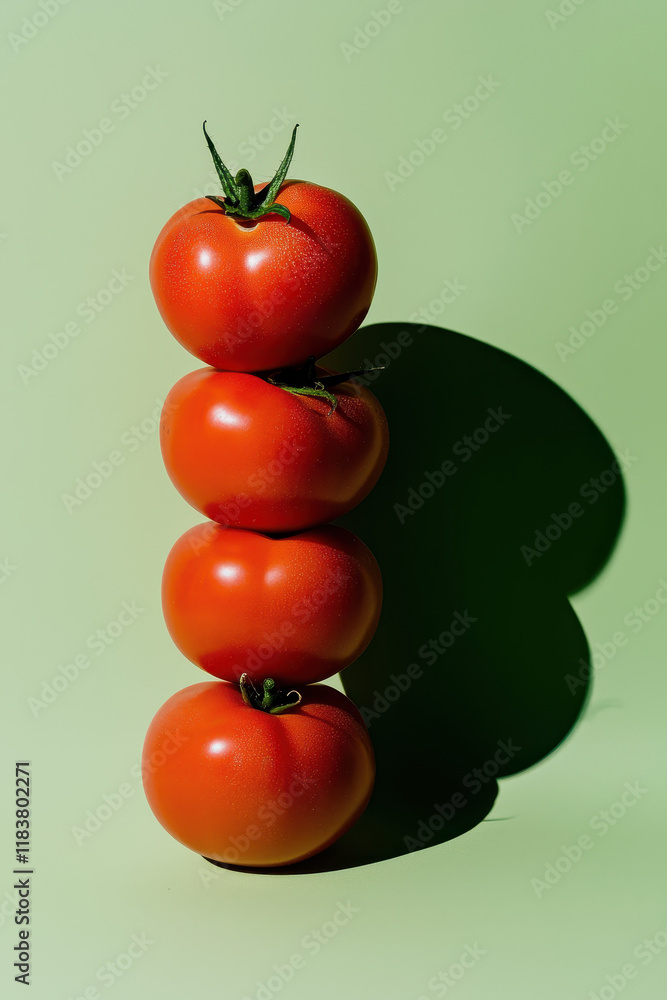 Poster vibrant stack of fresh red tomatoes on soft green background with playful shadows