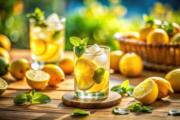 Miniature lemonade world: icy summer refreshment captured with tilt-shift photography.