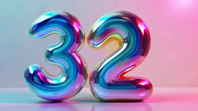 Colorful, animated number thirty two. Holographic gradient. Symbol 32. Invitation for a thirty second birthday party or business anniversary. Neon light and colors. Iridescent color.