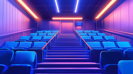 Fototapeta premium Movie cinema hall interior with blue row of seats, illustration