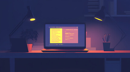 Nighttime coding session: illuminated laptop screen displaying swift programming language syntax for software development